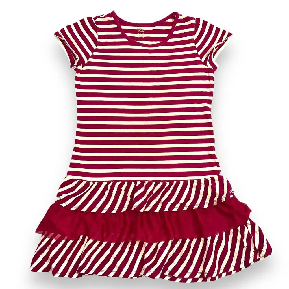 Childrens Place Girls T Shirt Dress Ruffled Stripes Pullover Pink White Large